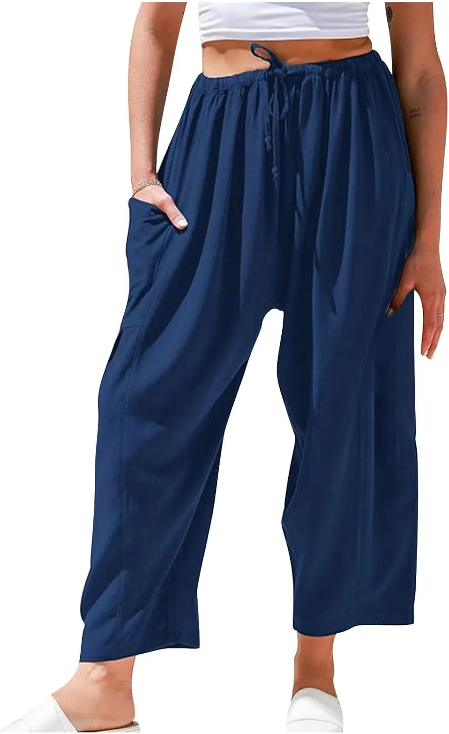 Women's Baggy Pants Drawstring Harem Pants Loose Fit Boho Pants Trendy Casual Pants with Pockets Comfy Travel Pants