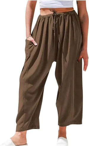 Women's Baggy Pants Drawstring Harem Pants Loose Fit Boho Pants Trendy Casual Pants with Pockets Comfy Travel Pants