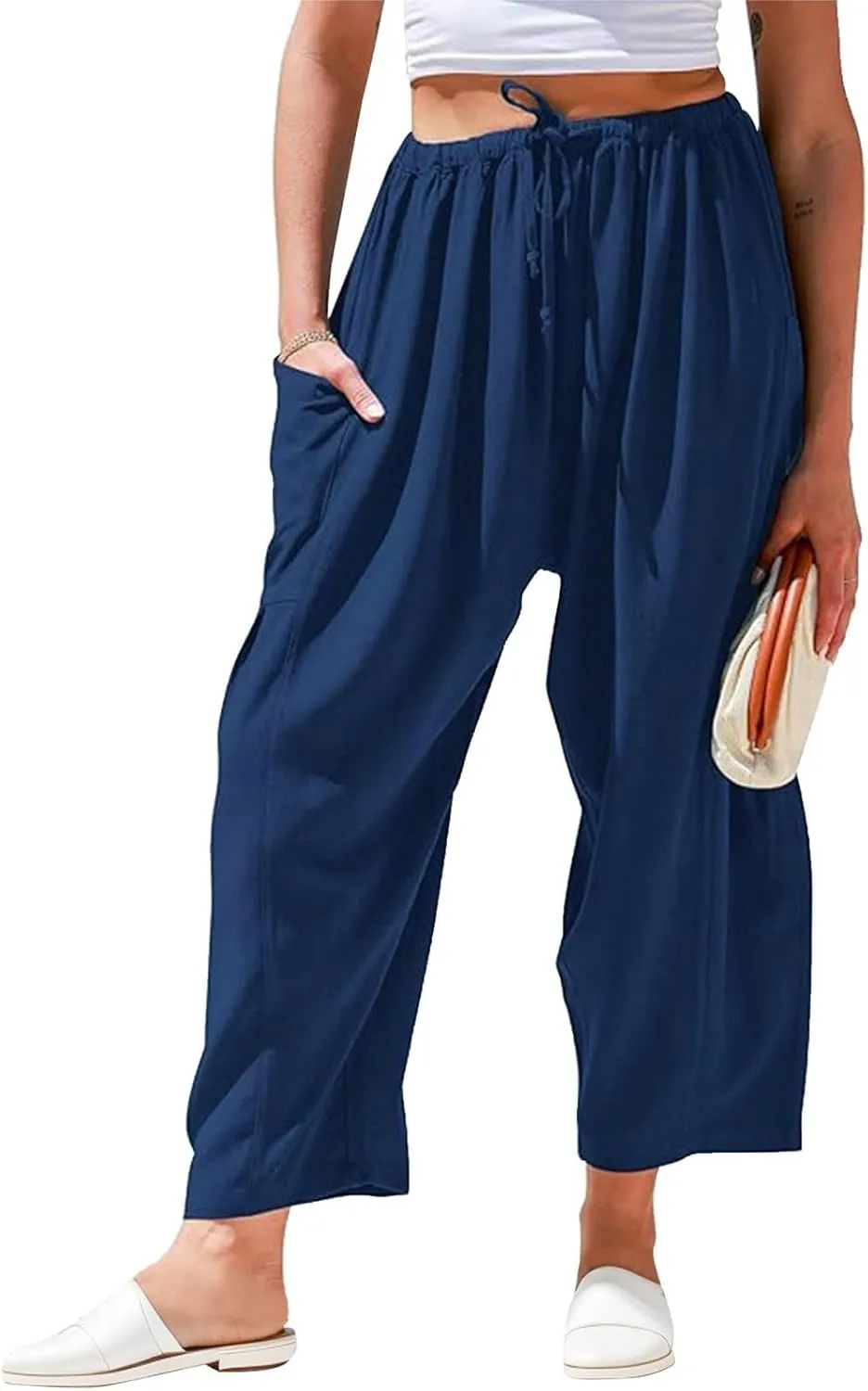 Women's Baggy Pants Drawstring Harem Pants Loose Fit Boho Pants Trendy Casual Pants with Pockets Comfy Travel Pants