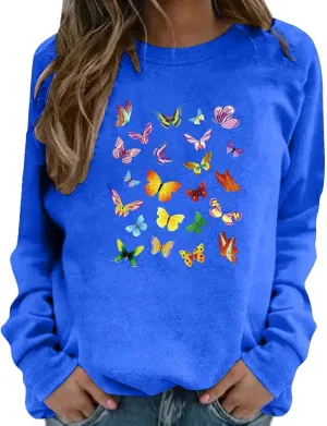 Women's Basic Hoddies Solid Color Cute Printed Loose Comfy Round Neck Long Sleeve Pullover Tunics Outdoor Running Tops