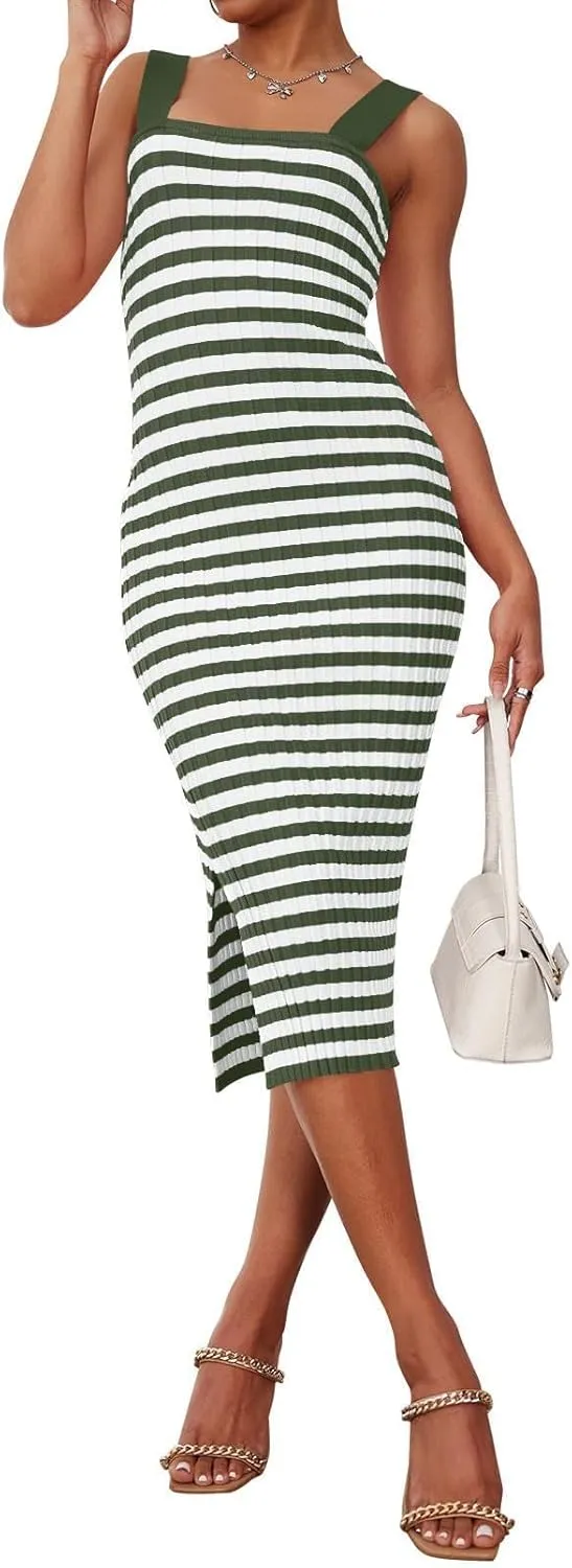 Womens Bodycon Midi Dresses Knit Striped Beach Dress Summer Casual Vacation Sundress Square Neck Sheath Dress