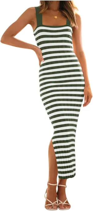 Womens Bodycon Midi Dresses Knit Striped Beach Dress Summer Casual Vacation Sundress Square Neck Sheath Dress