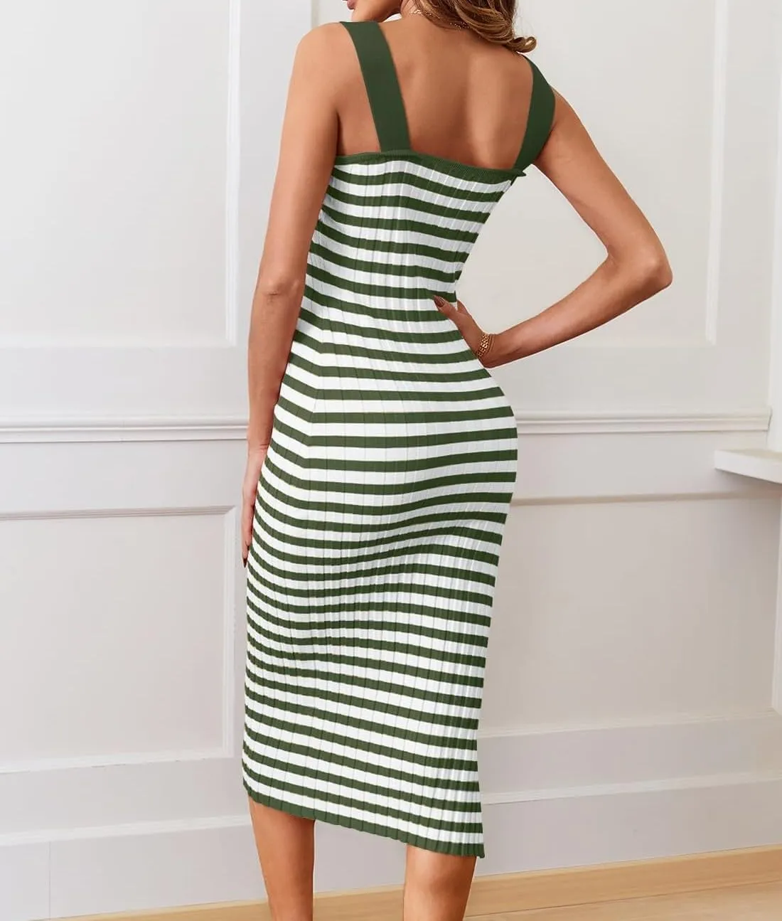 Womens Bodycon Midi Dresses Knit Striped Beach Dress Summer Casual Vacation Sundress Square Neck Sheath Dress