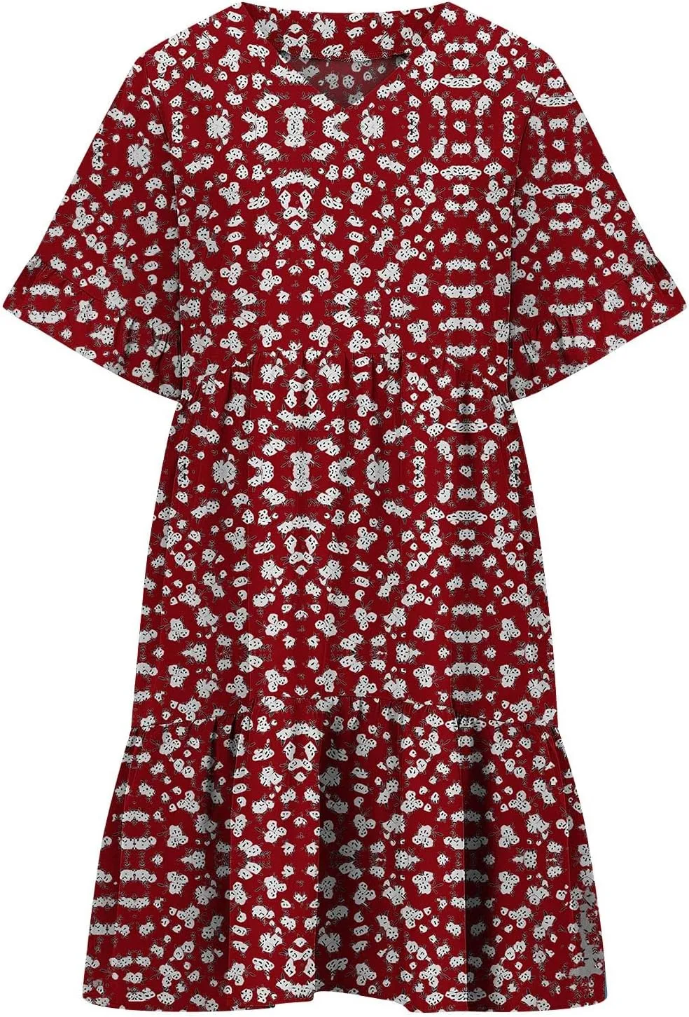 Women's Boho Ruffle Floral Print Mini Dresses Trendy Casual 2025 Summer Loose V Neck Short Sleeve A-Line Dress with Pockets