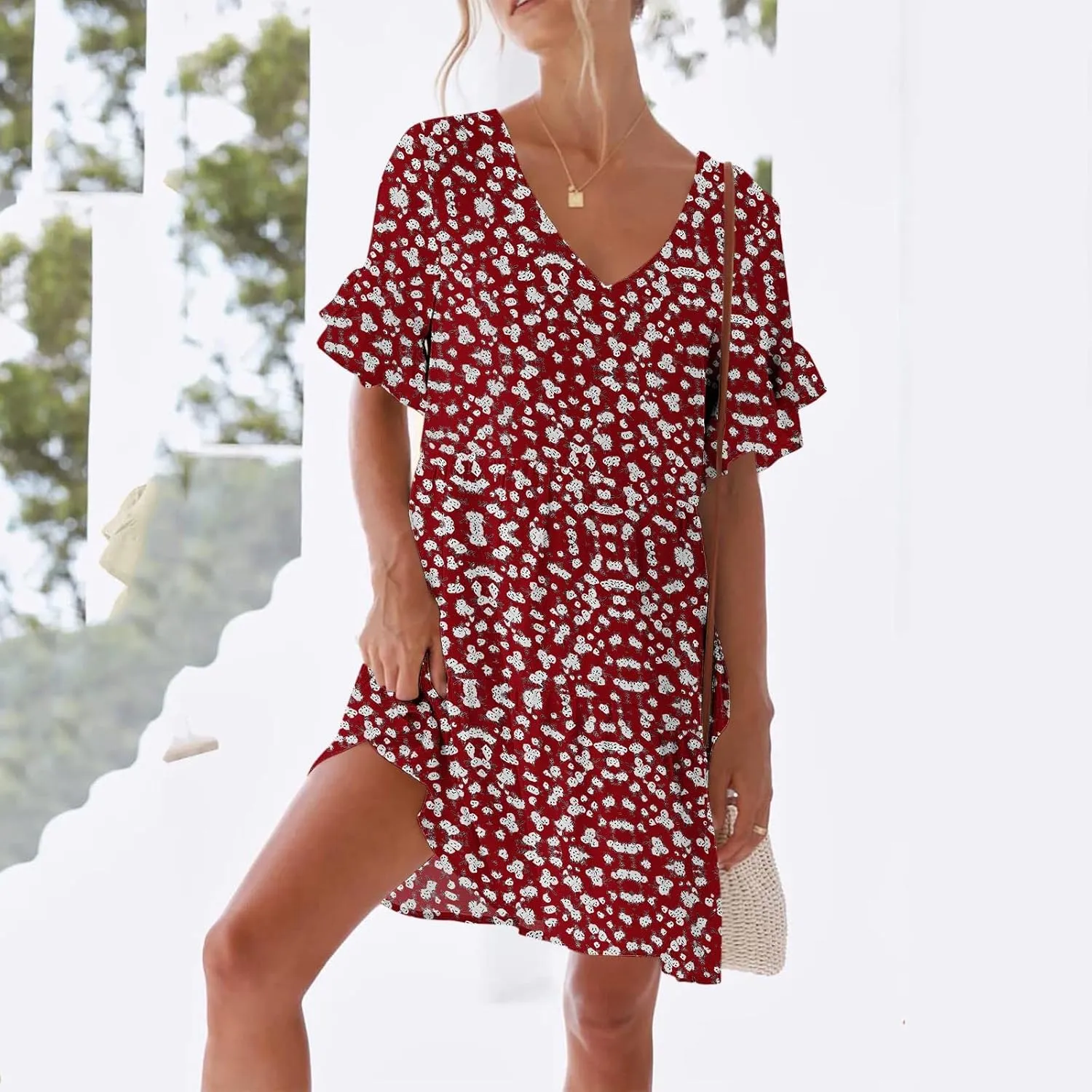 Women's Boho Ruffle Floral Print Mini Dresses Trendy Casual 2025 Summer Loose V Neck Short Sleeve A-Line Dress with Pockets