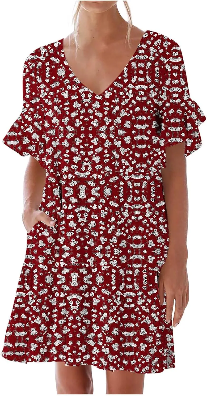 Women's Boho Ruffle Floral Print Mini Dresses Trendy Casual 2025 Summer Loose V Neck Short Sleeve A-Line Dress with Pockets
