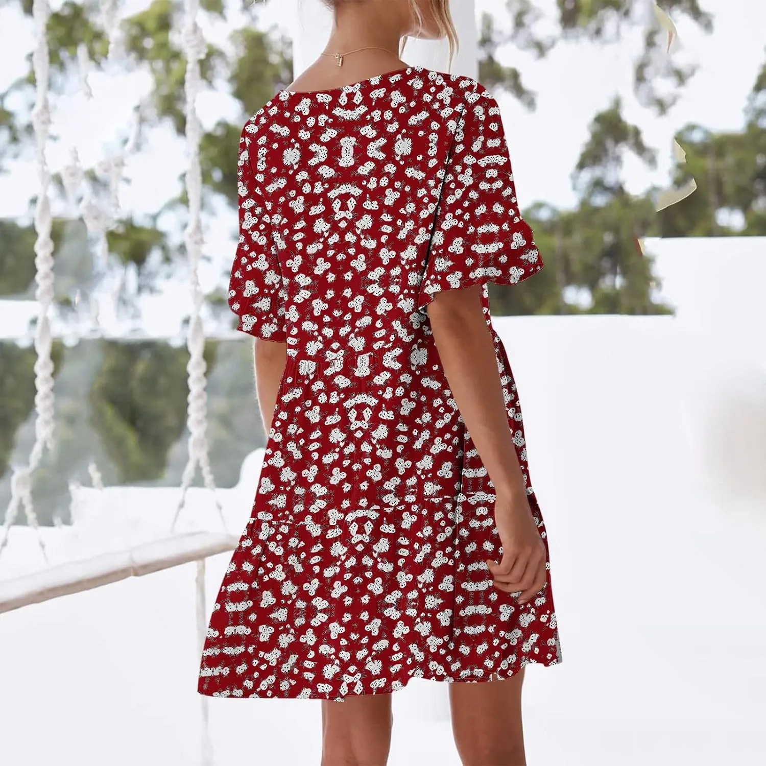 Women's Boho Ruffle Floral Print Mini Dresses Trendy Casual 2025 Summer Loose V Neck Short Sleeve A-Line Dress with Pockets