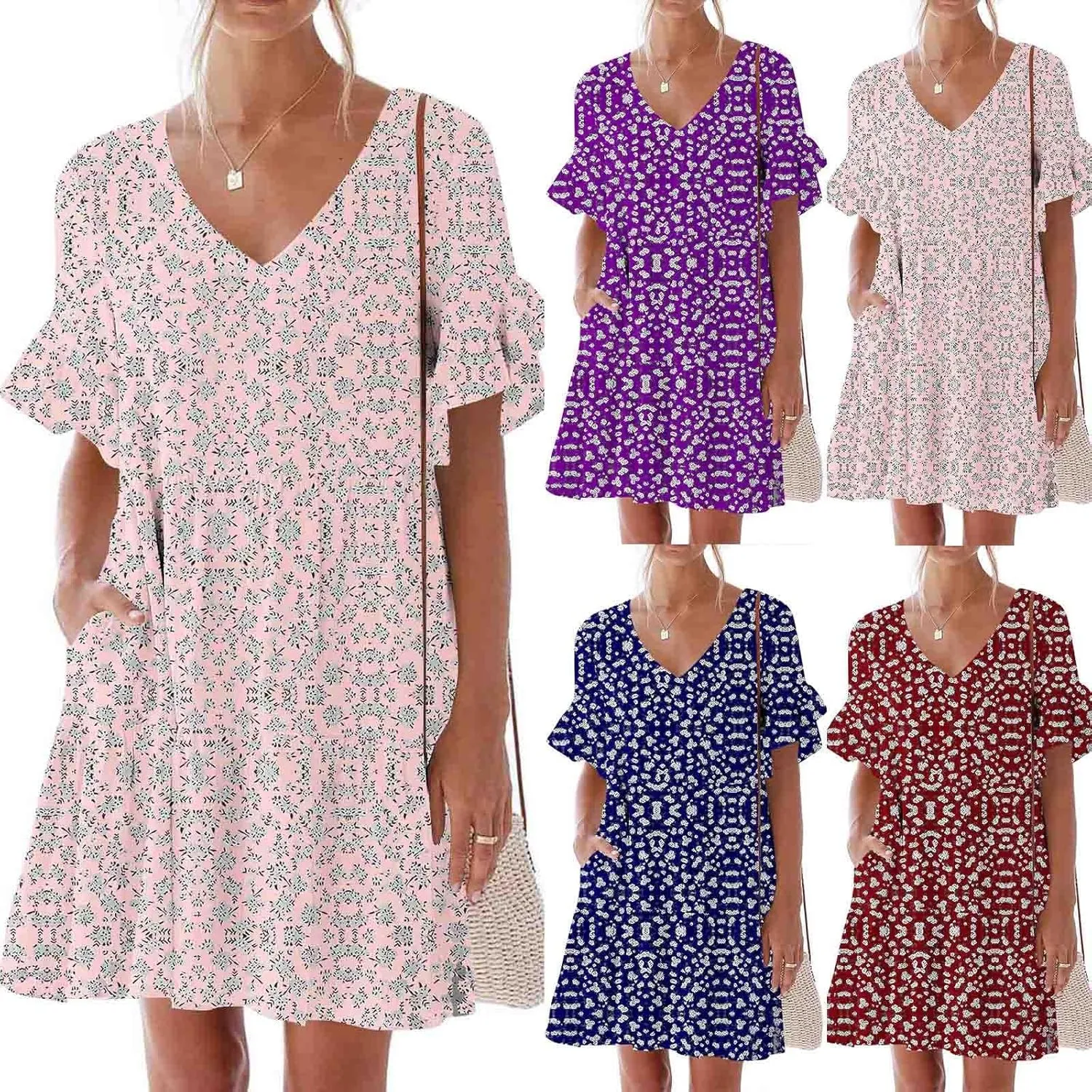 Women's Boho Ruffle Floral Print Mini Dresses Trendy Casual 2025 Summer Loose V Neck Short Sleeve A-Line Dress with Pockets