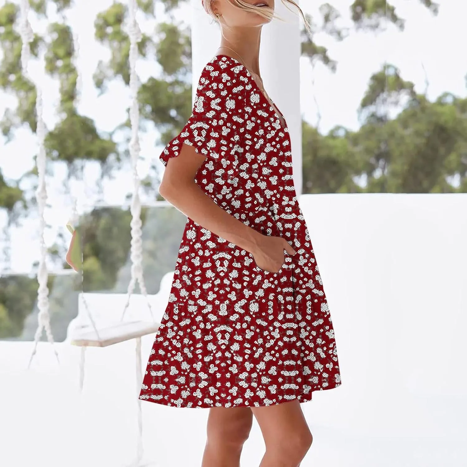 Women's Boho Ruffle Floral Print Mini Dresses Trendy Casual 2025 Summer Loose V Neck Short Sleeve A-Line Dress with Pockets