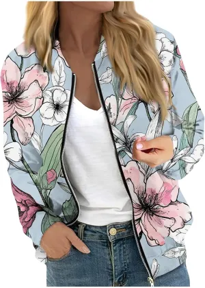 Women's Bomber Jacket Long Sleeve Casual Coat Zip Up Outerwear Windbreaker with Pockets