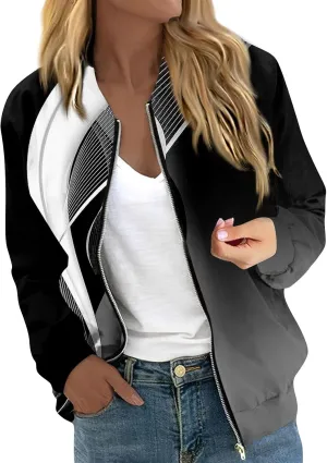 Women'S Bomber Jackets Lightweight Floral Printing Zip Up Long Sleeve Jacket With Pocket Fall Stand Collar Coat