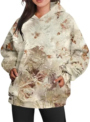 Womens Camo Hoodie Maple-Leaf Print Oversized Sweatshirt Fleece Hooded Pullover Long Sleeve Tunic Tops Fall Clothes