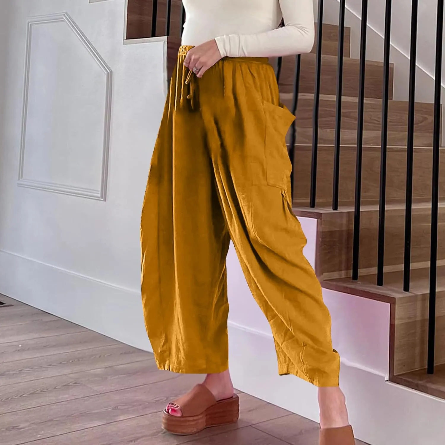 Women's Casual Baggy Pants Boho Harem Pants Loose Travel Pants Drawstring Beach Pants Comfy Summer Pants Trousers