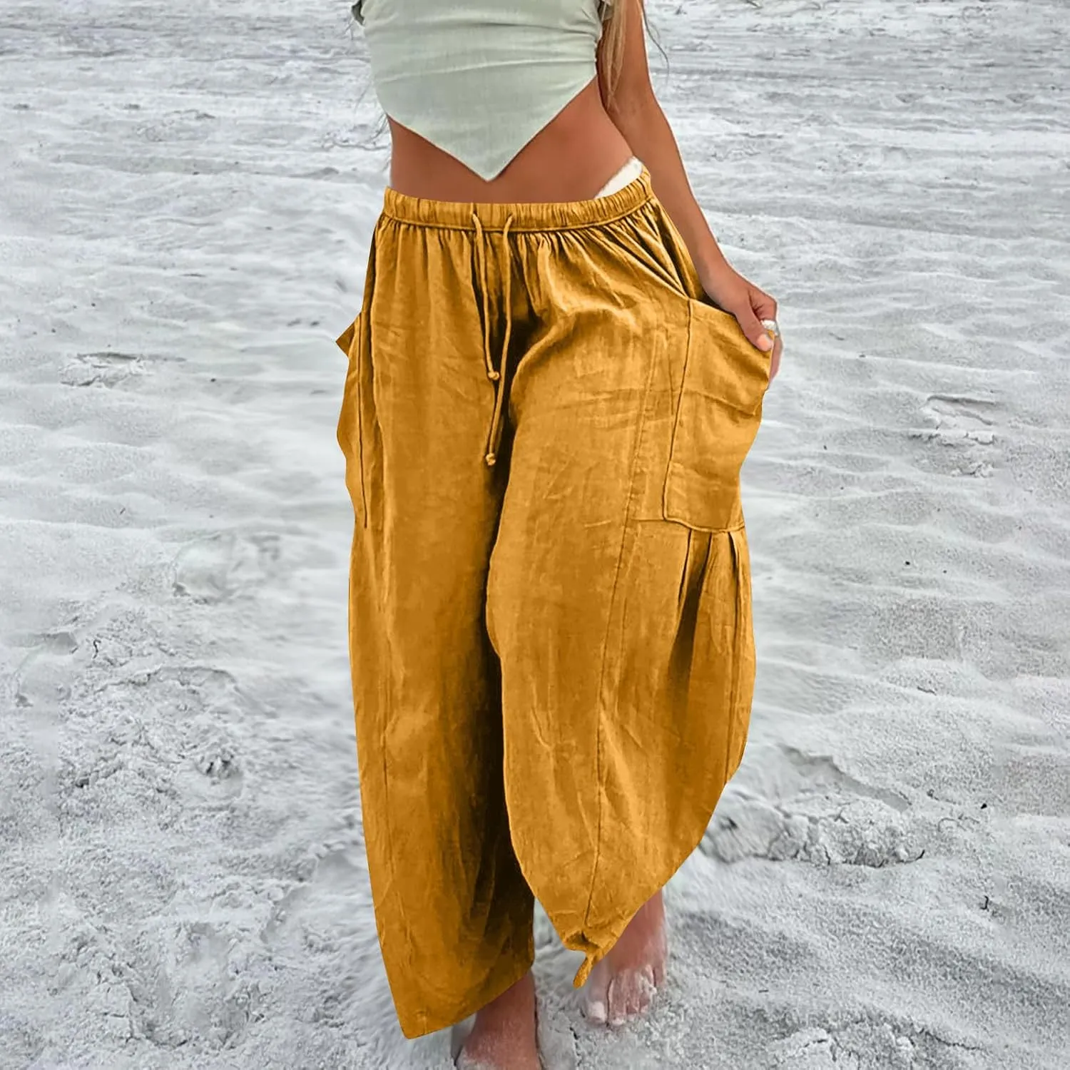 Women's Casual Baggy Pants Boho Harem Pants Loose Travel Pants Drawstring Beach Pants Comfy Summer Pants Trousers