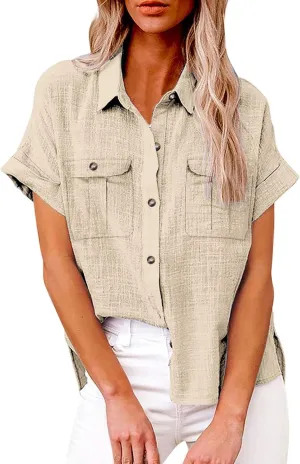 Womens Casual Blouse Button Fly Lapel Collar Short Sleeve Linen Beach Tunics Summer Loose Side Slit Tops with Pockets
