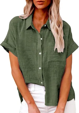 Womens Casual Blouse Button Fly Lapel Collar Short Sleeve Linen Beach Tunics Summer Loose Side Slit Tops with Pockets