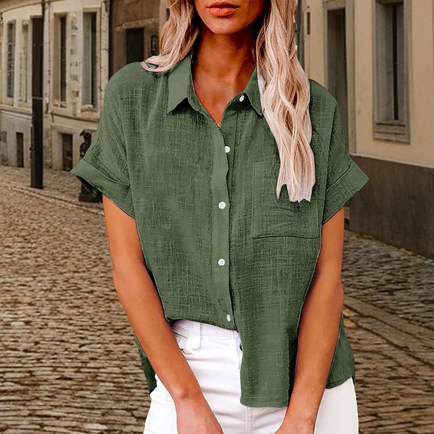 Womens Casual Blouse Button Fly Lapel Collar Short Sleeve Linen Beach Tunics Summer Loose Side Slit Tops with Pockets