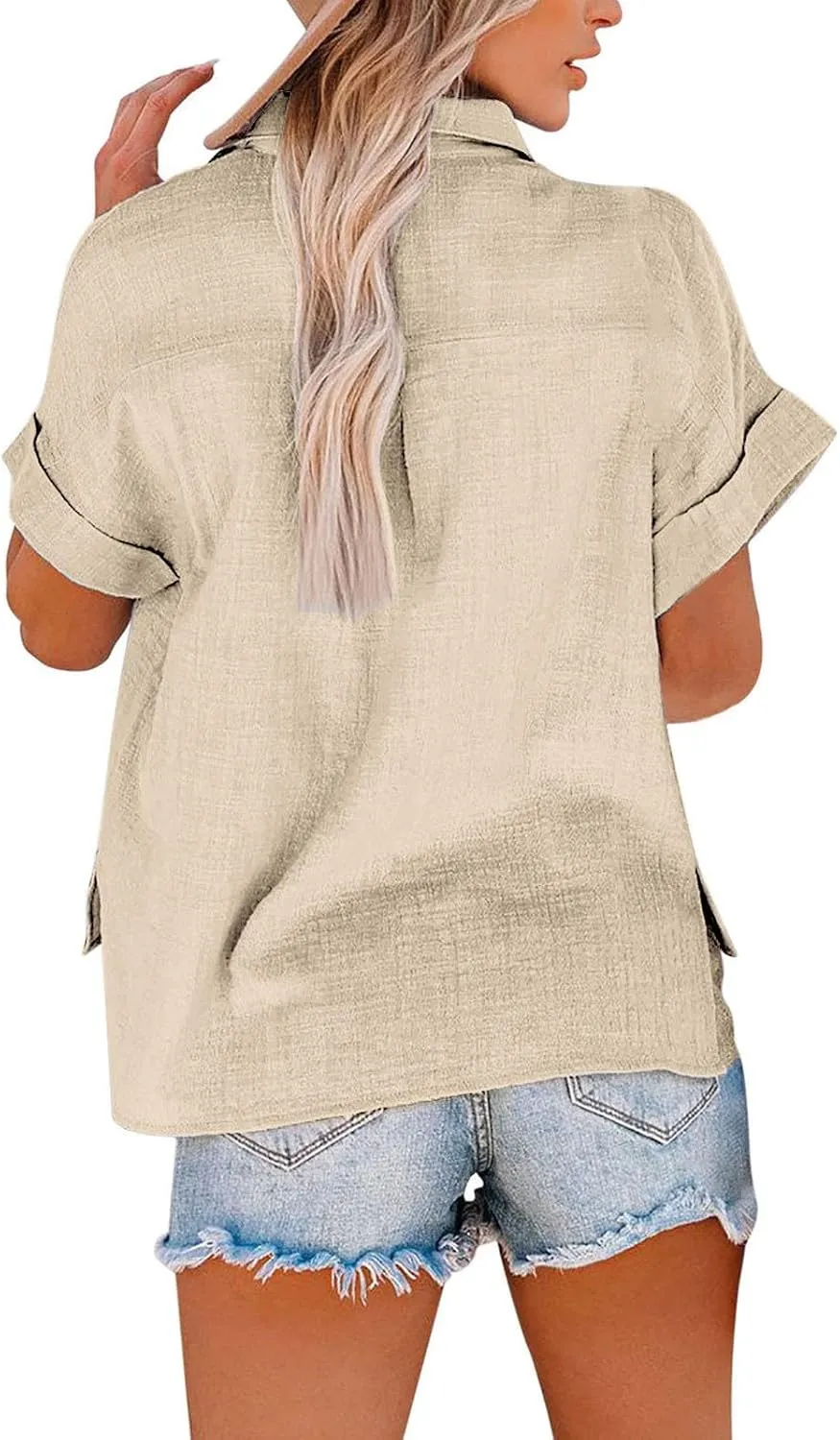 Womens Casual Blouse Button Fly Lapel Collar Short Sleeve Linen Beach Tunics Summer Loose Side Slit Tops with Pockets