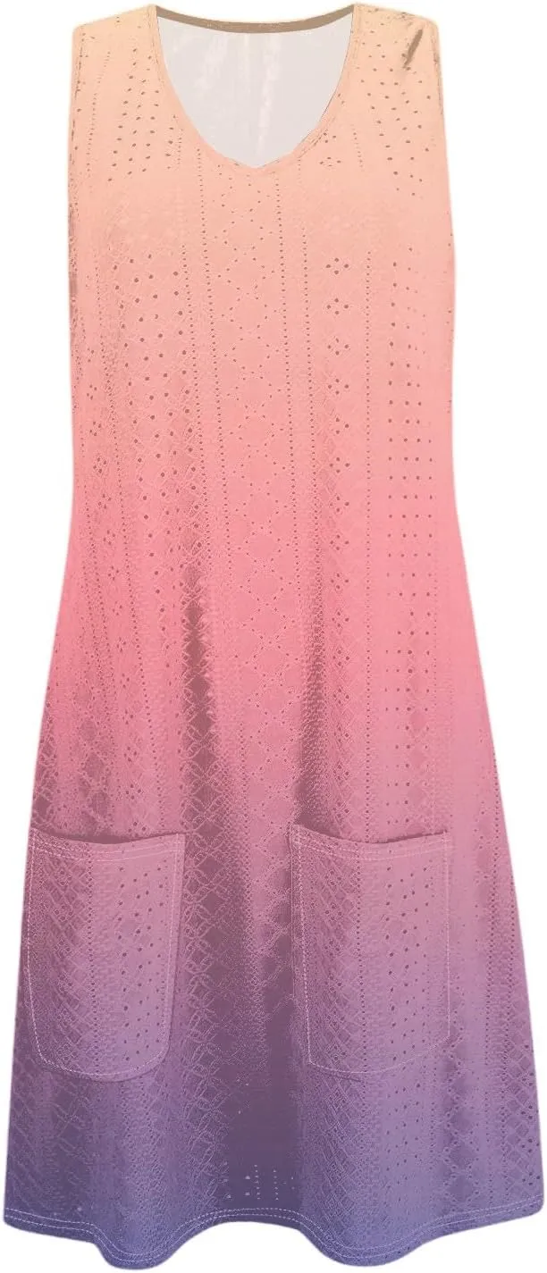 Women's Casual Dress Crew Neck Sleeveless Gradient Loose Pocket Summer Dresses 2025 Mini Short Dresses, S-3XL