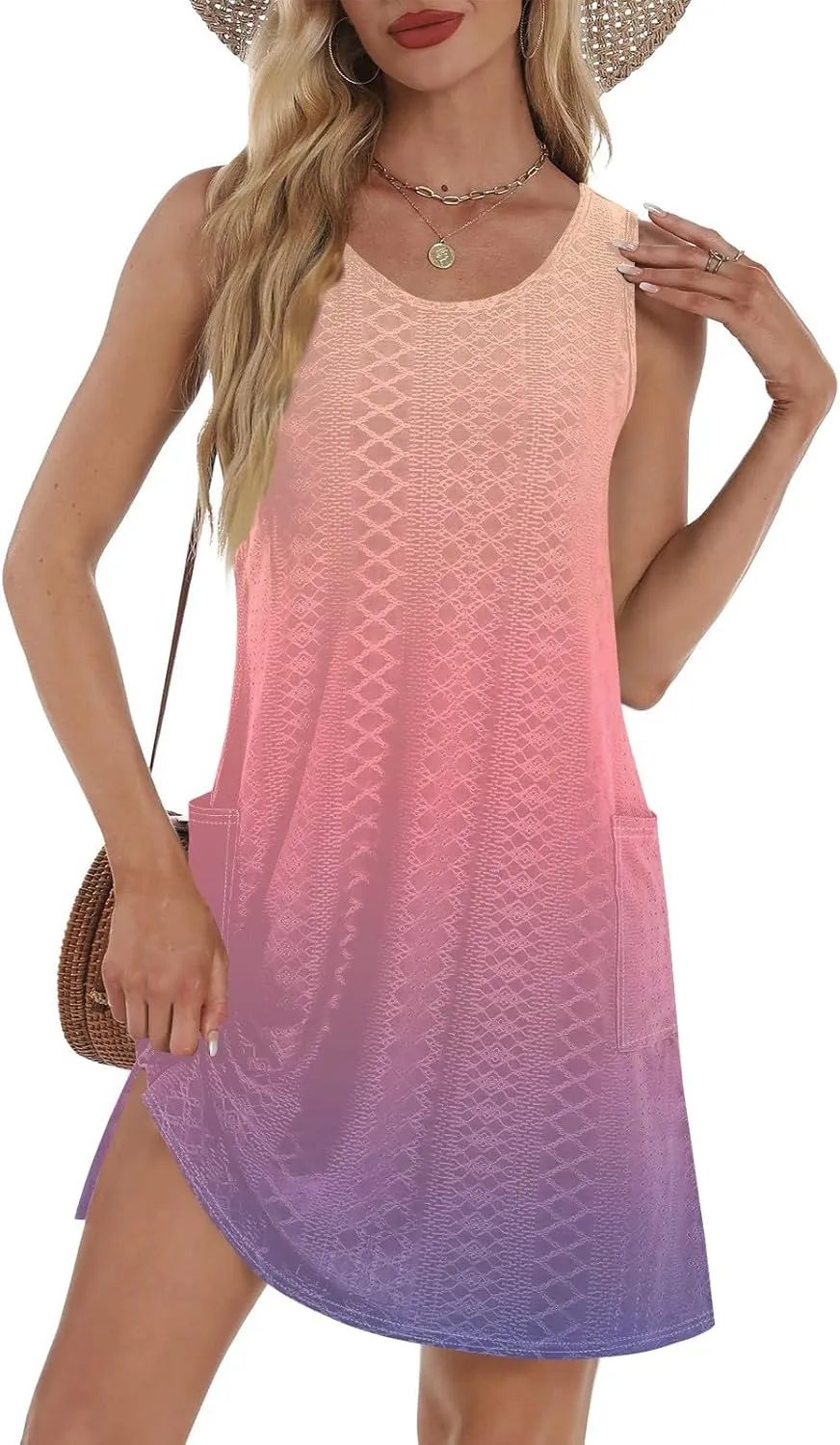 Women's Casual Dress Crew Neck Sleeveless Gradient Loose Pocket Summer Dresses 2025 Mini Short Dresses, S-3XL
