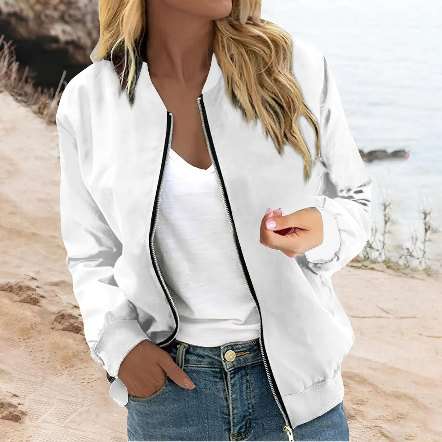 Women's Casual Floral Zip Up Bomber Jacket Spring Long Sleeve Coat Stand Collar Lightweight Short Outwear Tops