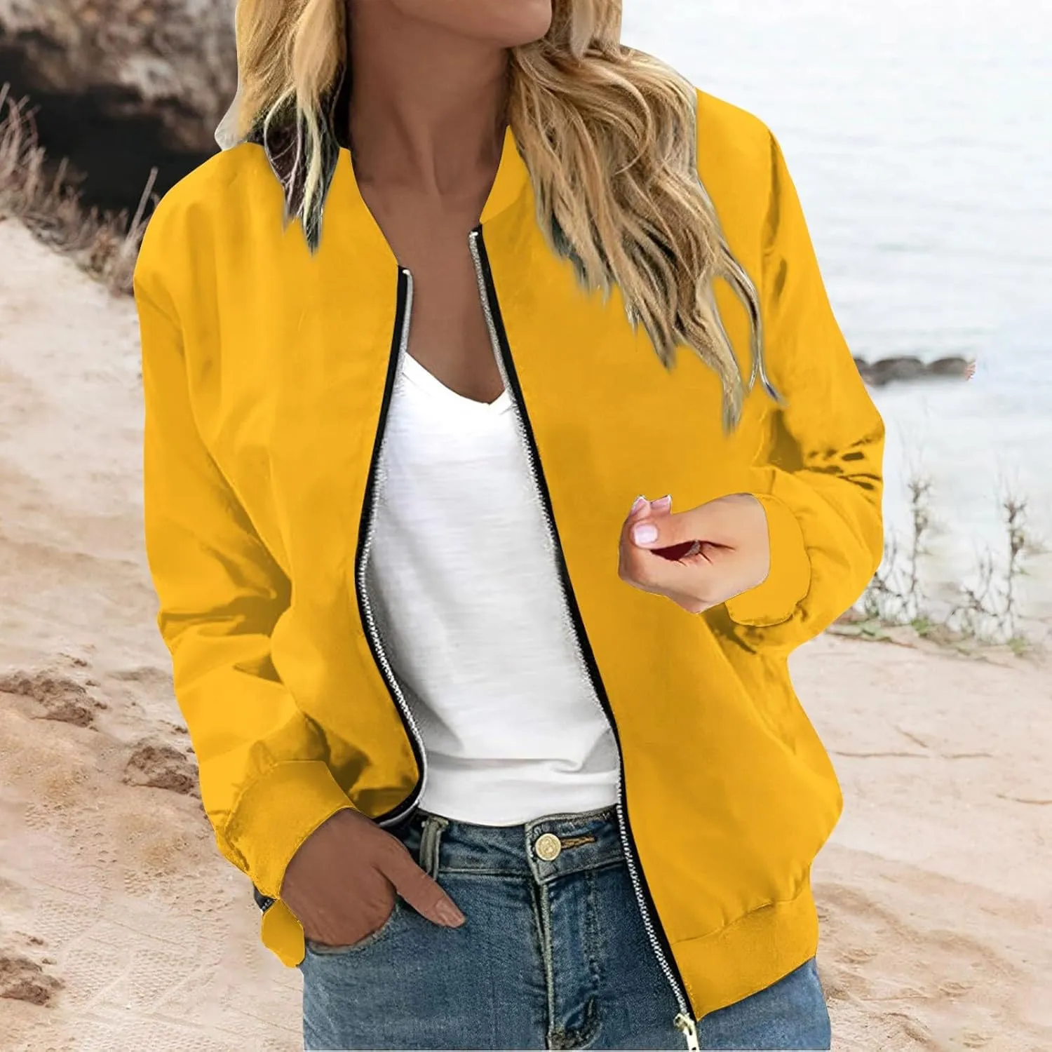 Women's Casual Floral Zip Up Bomber Jacket Spring Long Sleeve Coat Stand Collar Lightweight Short Outwear Tops