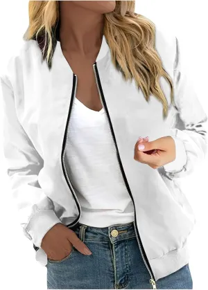 Women's Casual Floral Zip Up Bomber Jacket Spring Long Sleeve Coat Stand Collar Lightweight Short Outwear Tops