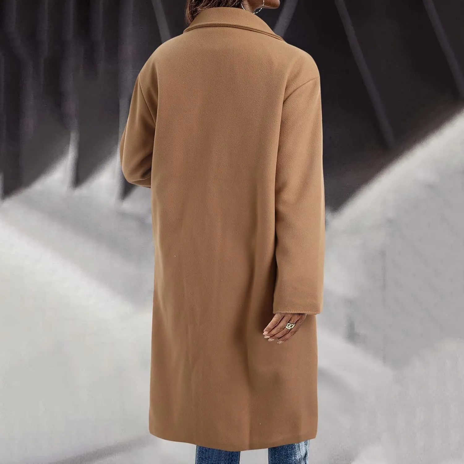 Womens Casual Trench Overcoat Long Sleeve Lapel Oversized Long Jackets Elegant Solid Color Button Down Outdoor Coat