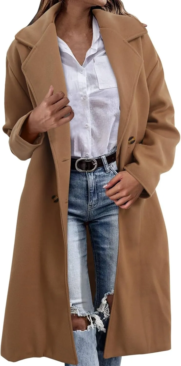 Womens Casual Trench Overcoat Long Sleeve Lapel Oversized Long Jackets Elegant Solid Color Button Down Outdoor Coat