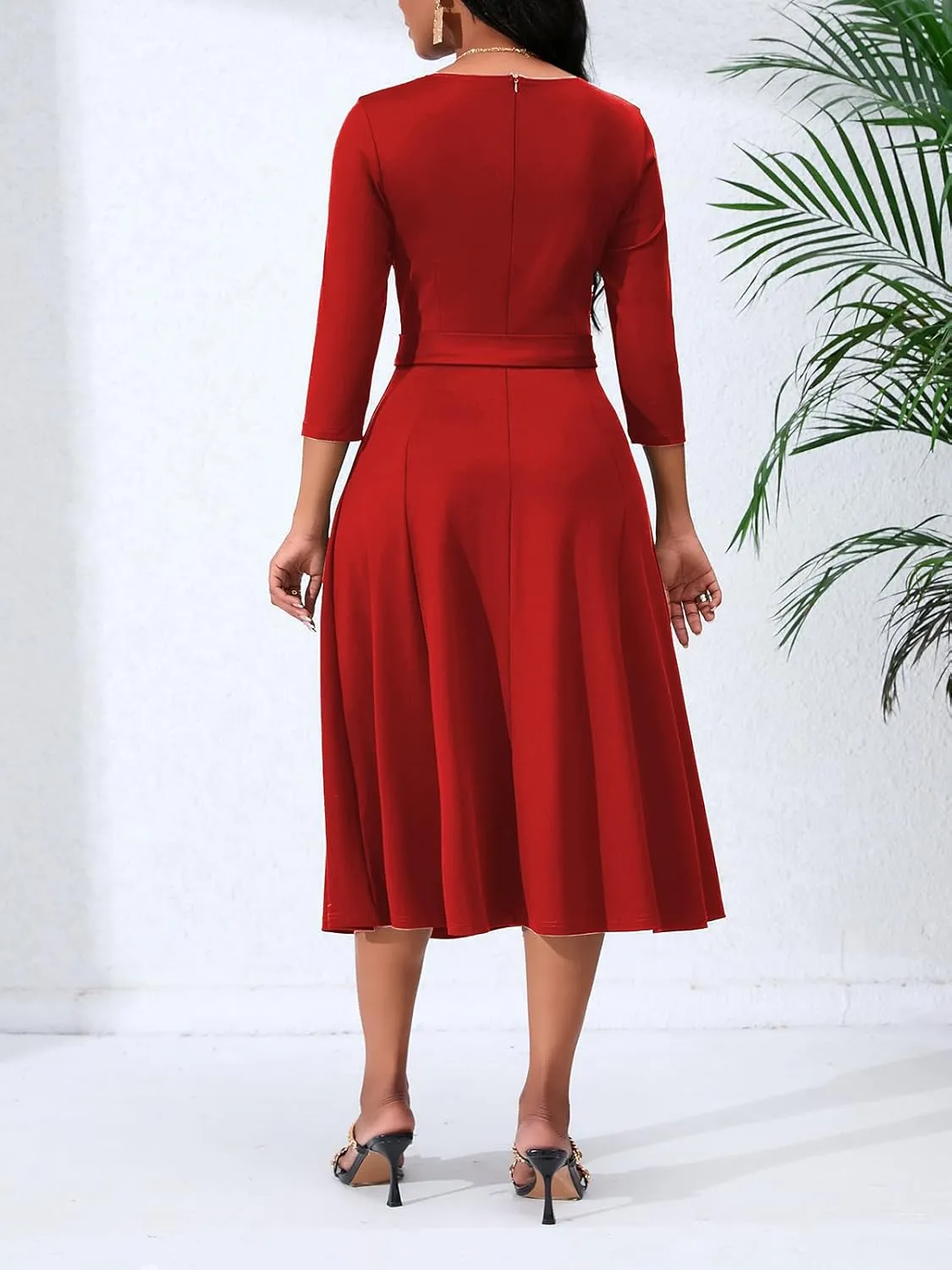Women's Caual Midi Dress 3/4 Sleeve Crewneck A-line Swing Dress for Women with Belt for Wedding Guest & Cocktail Party
