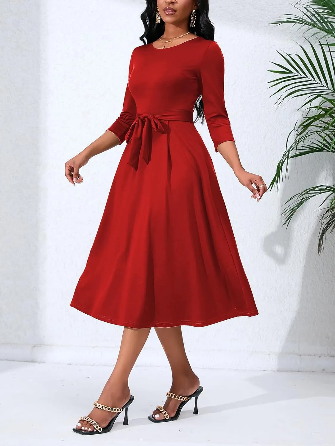 Women's Caual Midi Dress 3/4 Sleeve Crewneck A-line Swing Dress for Women with Belt for Wedding Guest & Cocktail Party