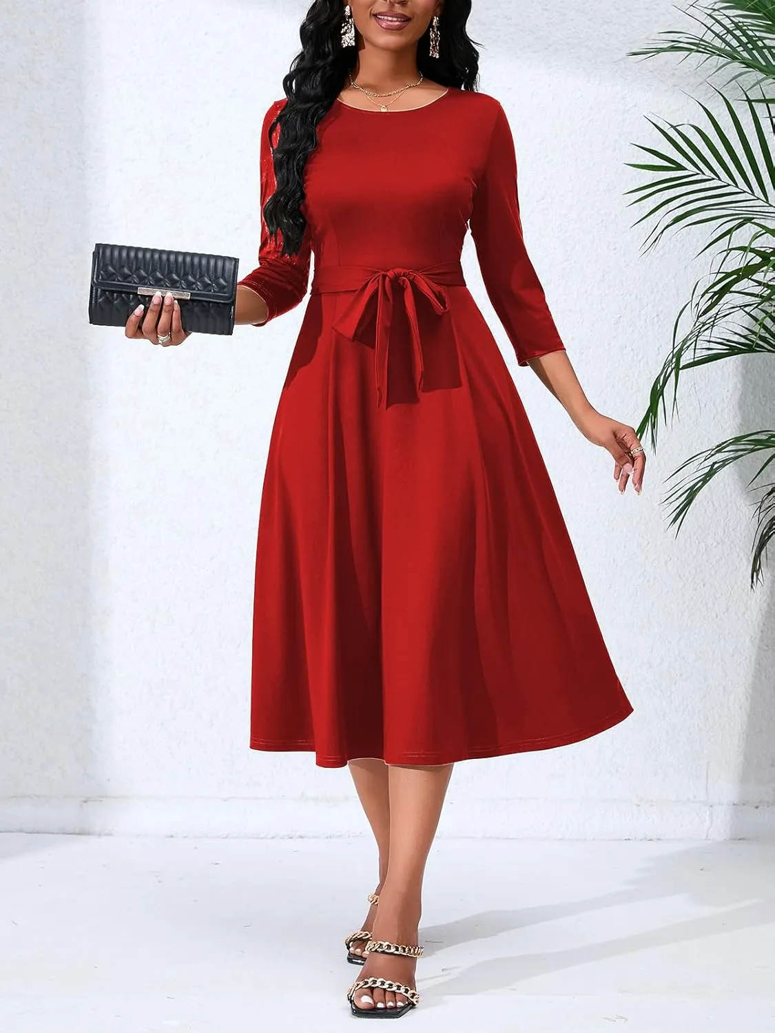Women's Caual Midi Dress 3/4 Sleeve Crewneck A-line Swing Dress for Women with Belt for Wedding Guest & Cocktail Party