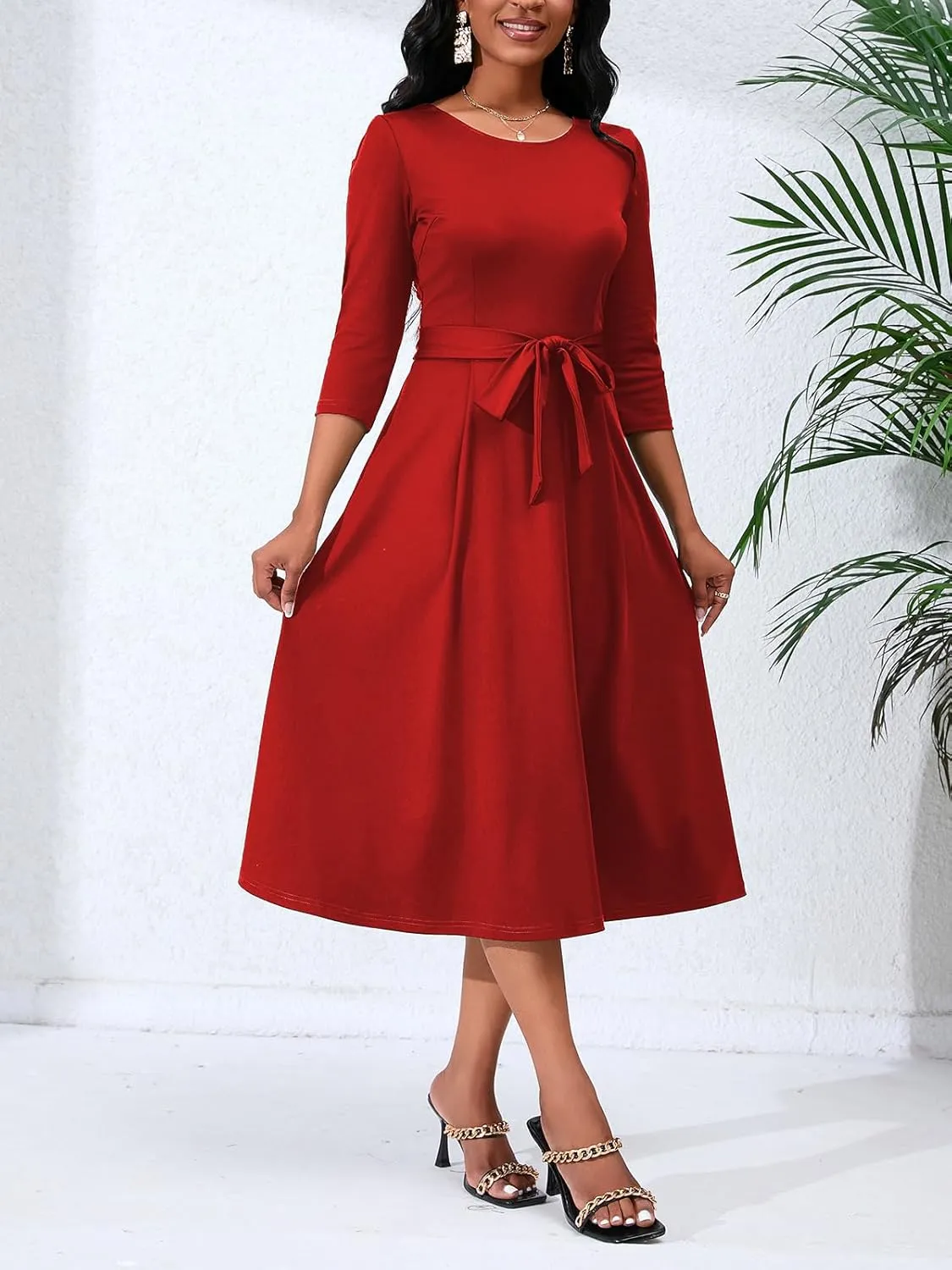 Women's Caual Midi Dress 3/4 Sleeve Crewneck A-line Swing Dress for Women with Belt for Wedding Guest & Cocktail Party