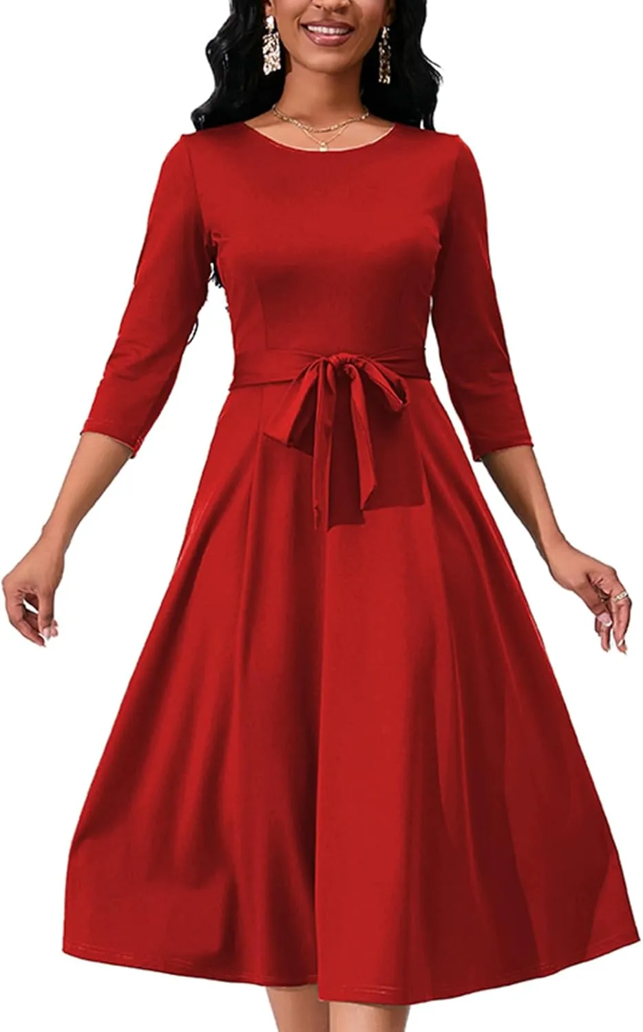 Women's Caual Midi Dress 3/4 Sleeve Crewneck A-line Swing Dress for Women with Belt for Wedding Guest & Cocktail Party