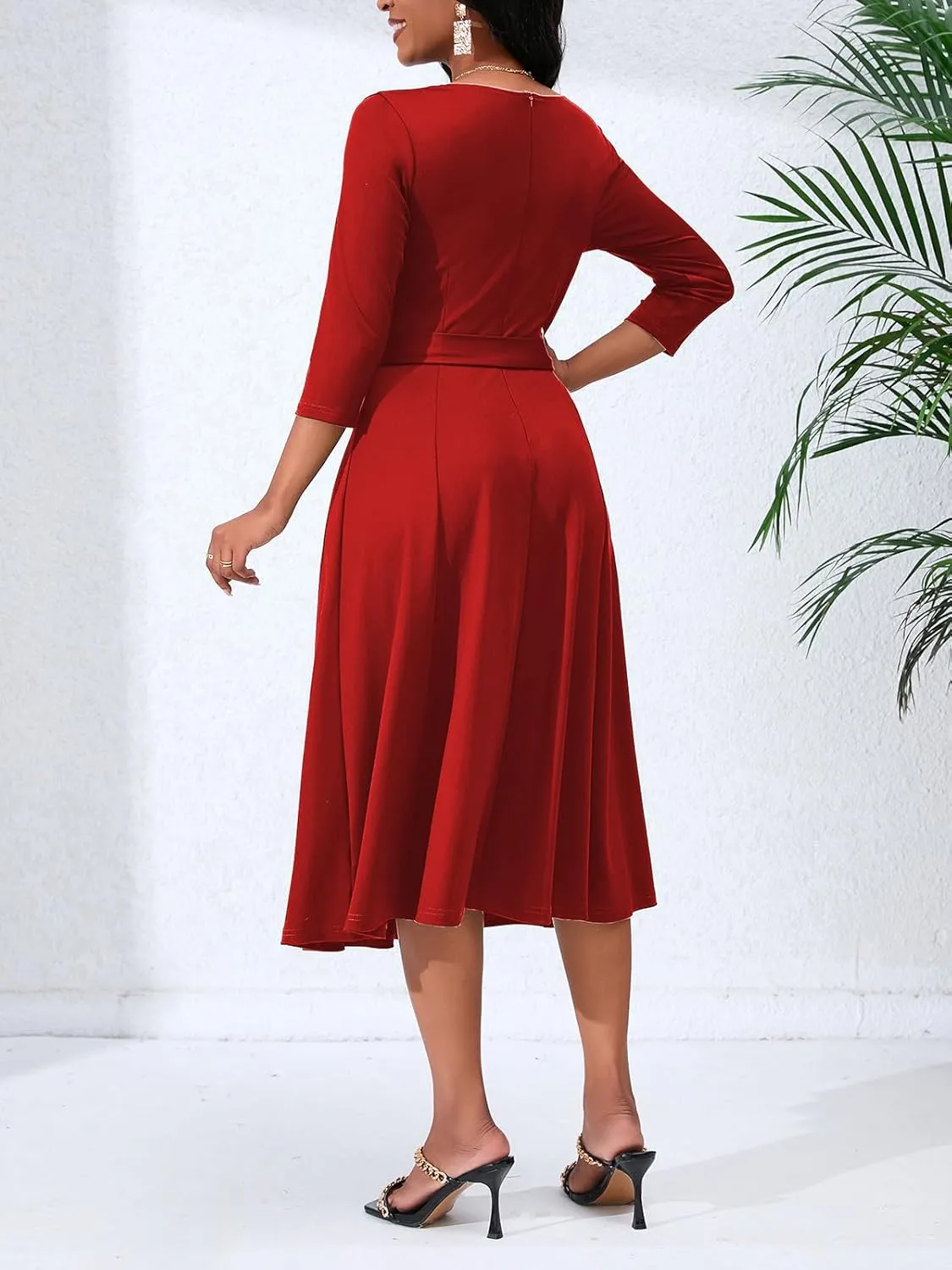 Women's Caual Midi Dress 3/4 Sleeve Crewneck A-line Swing Dress for Women with Belt for Wedding Guest & Cocktail Party