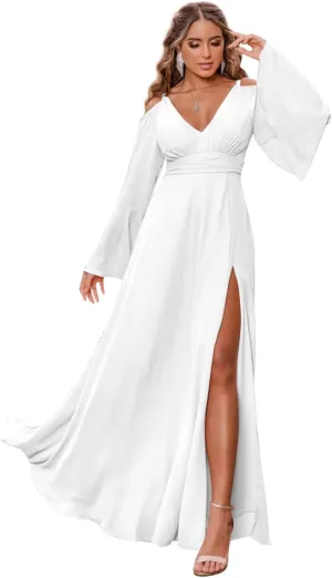 Women's Chiffon Bridesmaid Dress with Sleeves Long Fall Formal Dress