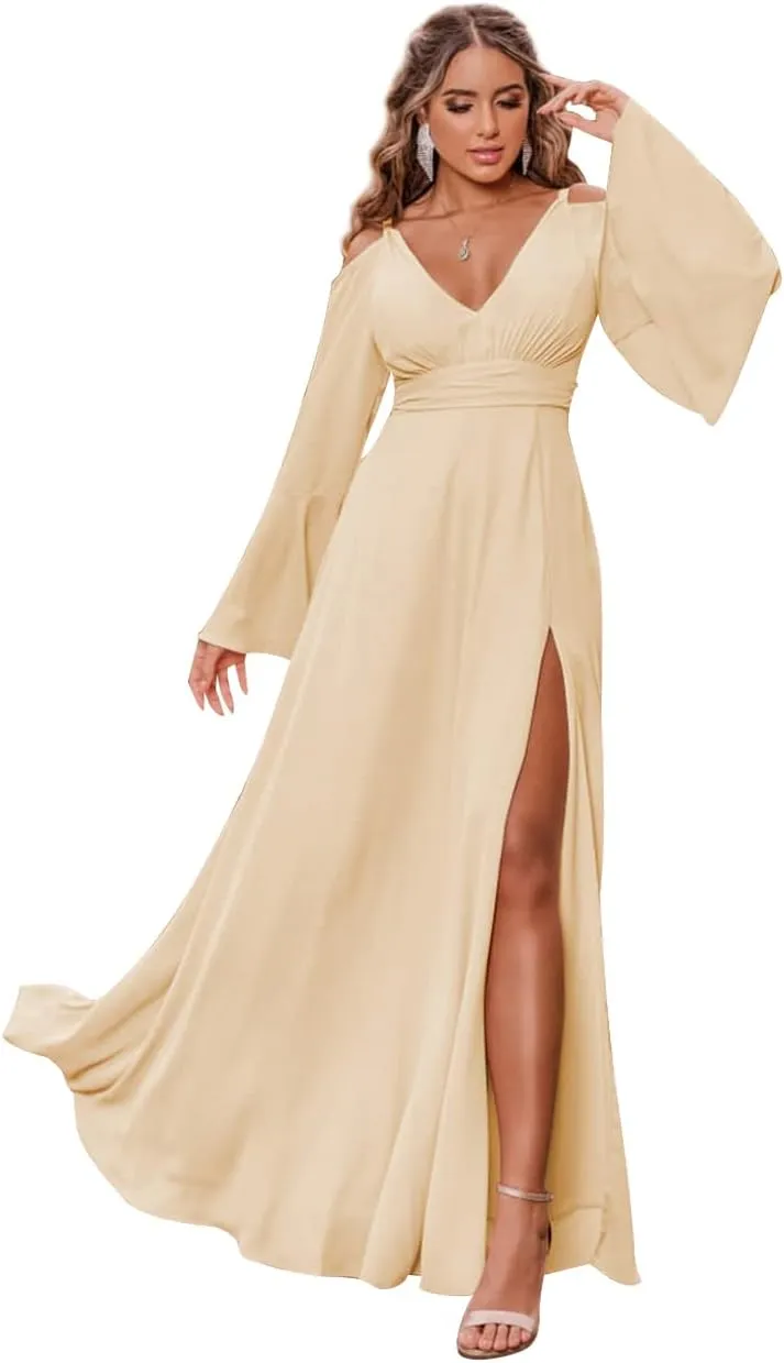 Women's Chiffon Bridesmaid Dress with Sleeves Long Fall Formal Dress