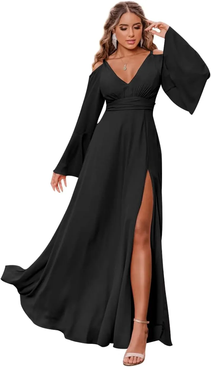 Women's Chiffon Bridesmaid Dress with Sleeves Long Fall Formal Dress