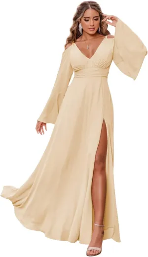 Women's Chiffon Bridesmaid Dress with Sleeves Long Fall Formal Dress