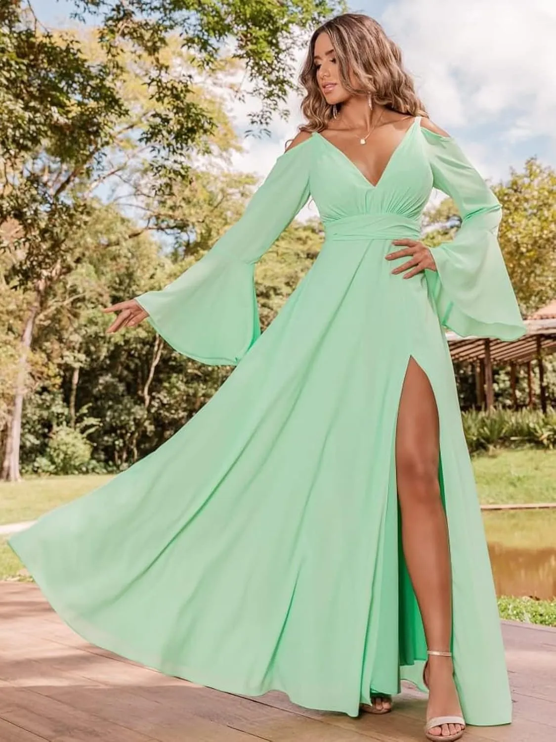 Women's Chiffon Bridesmaid Dress with Sleeves Long Fall Formal Dress