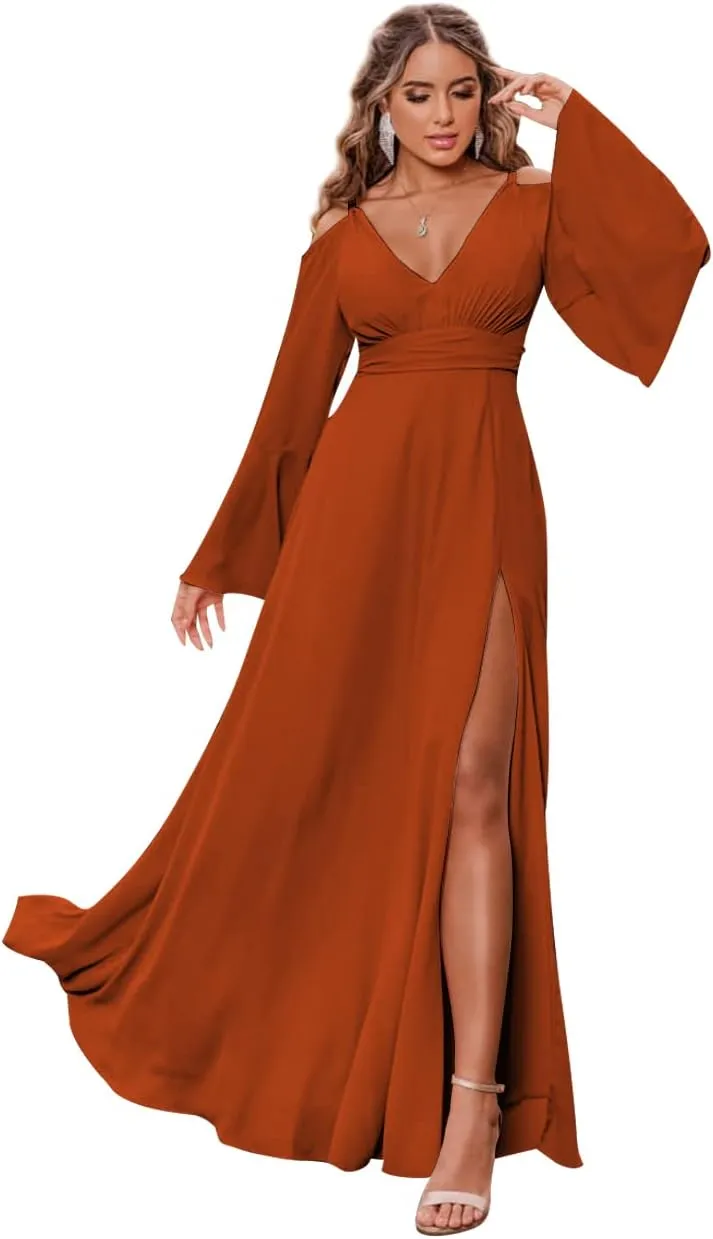 Women's Chiffon Bridesmaid Dress with Sleeves Long Fall Formal Dress