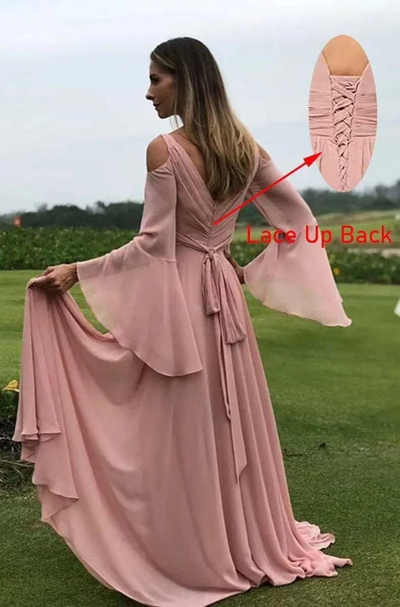 Women's Chiffon Bridesmaid Dress with Sleeves Long Fall Formal Dress