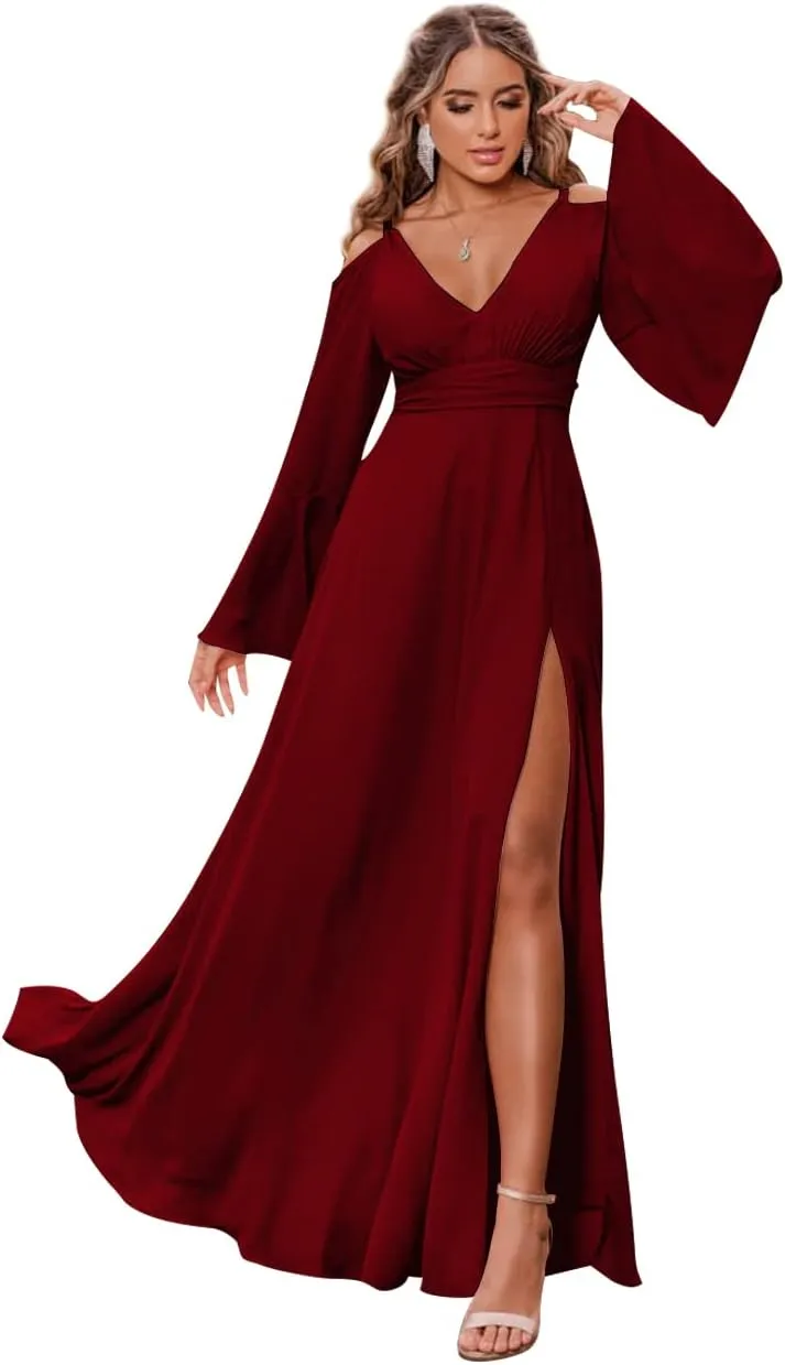 Women's Chiffon Bridesmaid Dress with Sleeves Long Fall Formal Dress