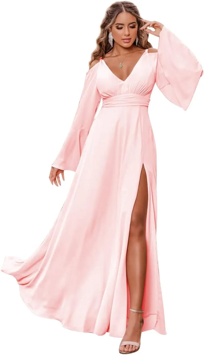 Women's Chiffon Bridesmaid Dress with Sleeves Long Fall Formal Dress