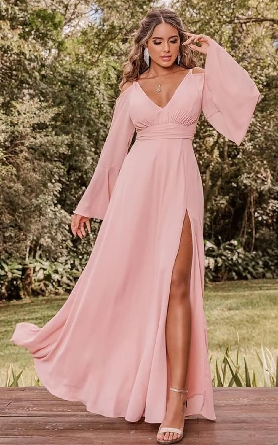 Women's Chiffon Bridesmaid Dress with Sleeves Long Fall Formal Dress