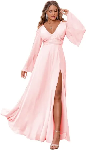 Women's Chiffon Bridesmaid Dress with Sleeves Long Fall Formal Dress