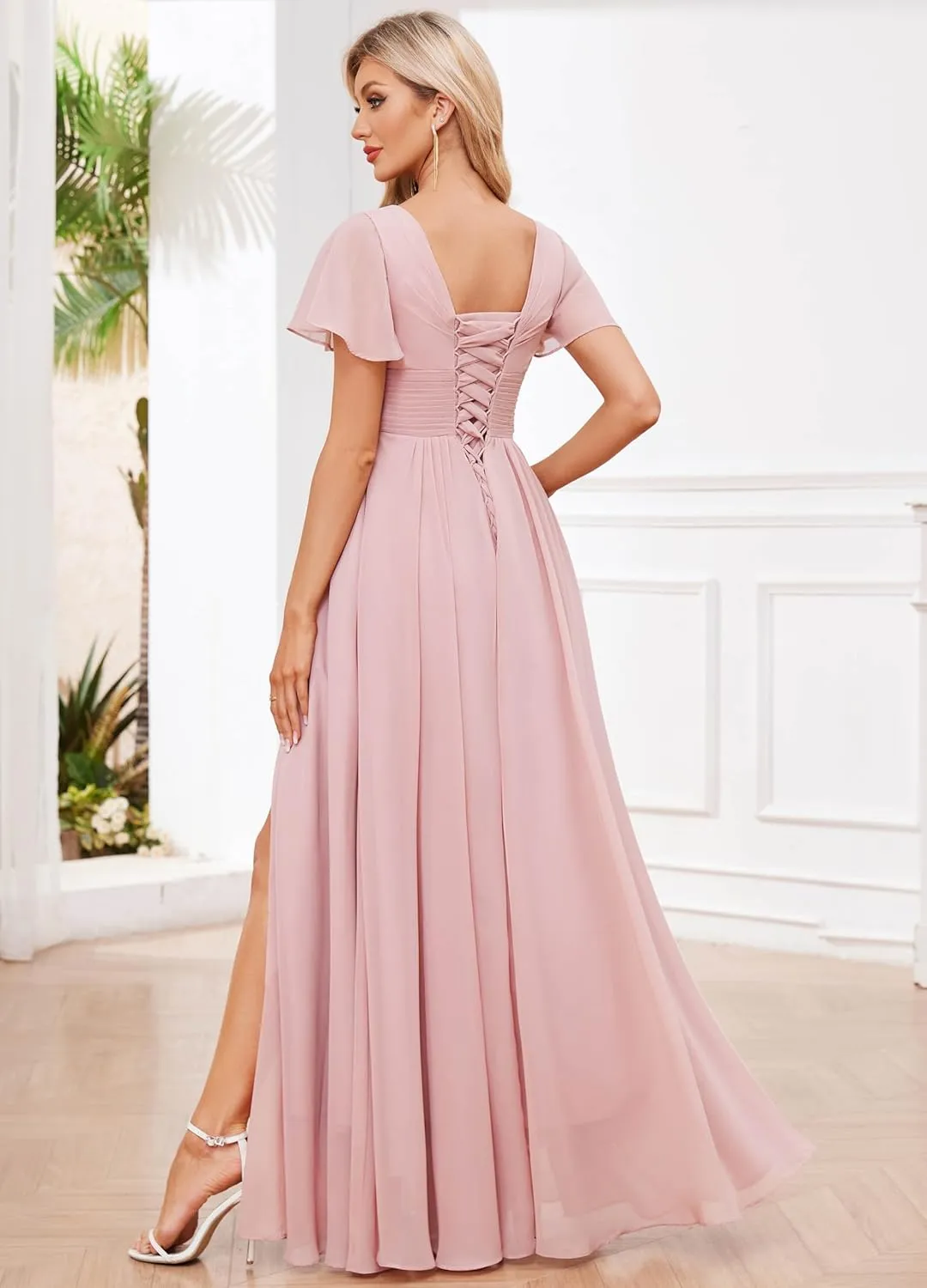Women's Chiffon Bridesmaid Dresses with Sleeves Long Slit Formal Evening Gown