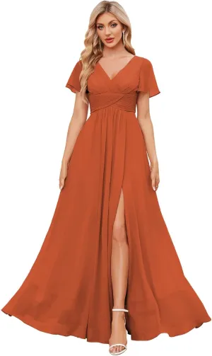 Women's Chiffon Bridesmaid Dresses with Sleeves Long Slit Formal Evening Gown