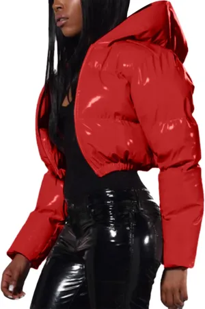 Women's Coat Ladies Autumn And Winter Warm Short Shiny Padded Hooded Leather Jacket Womens Jackets