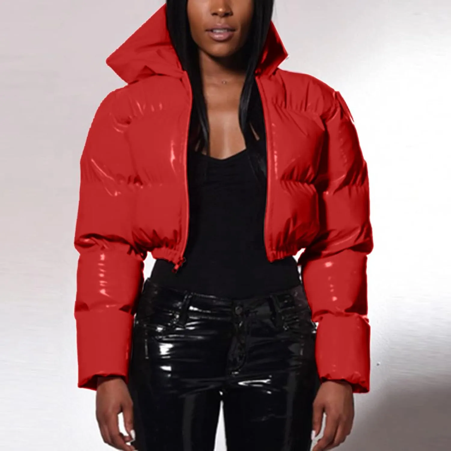 Women's Coat Ladies Autumn And Winter Warm Short Shiny Padded Hooded Leather Jacket Womens Jackets